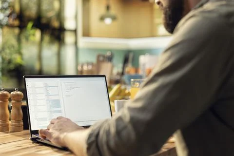 IT engineer working remotely, coding on laptop, programming scripts 스톡 사진