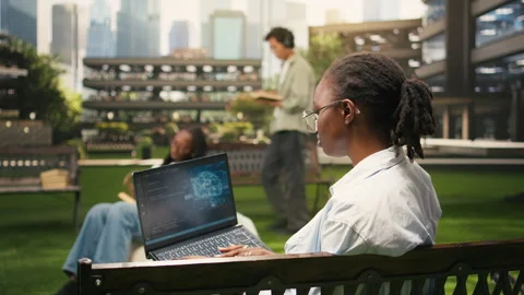 IT engineering student using AI and binary code on laptop screen Stock Footage 340963046