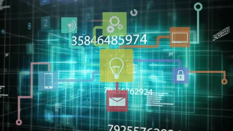 IT engineers optimizing virtual network grid, showing animated colored icons and Stock Footage 309145047