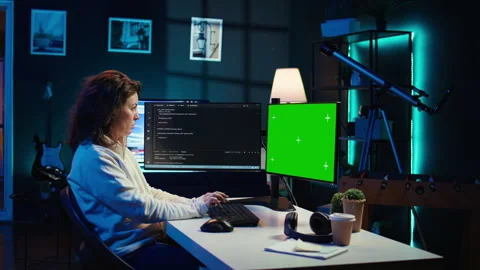 IT expert in apartment working on mockup desktop PC Stock Footage 283594900