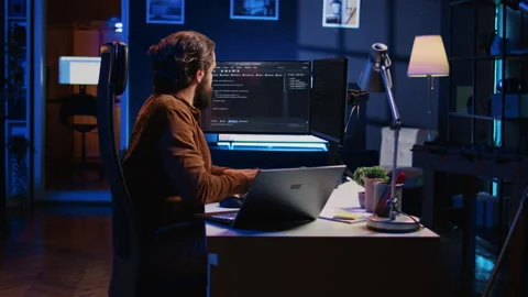 IT expert complaining while solving coding project tasks, suffering from burnout Stock Footage 265341383