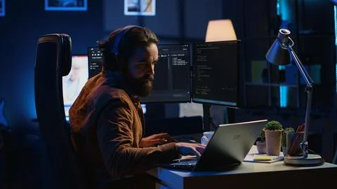 IT expert complaining while solving coding project tasks, suffering from burnout 写真素材