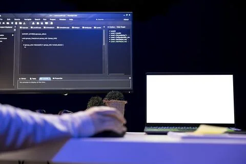 IT expert developing software applications using mockup notebook Foto stock