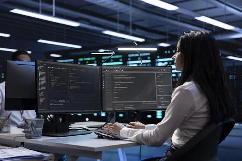 IT expert doing checkup on components in server room Foto stock