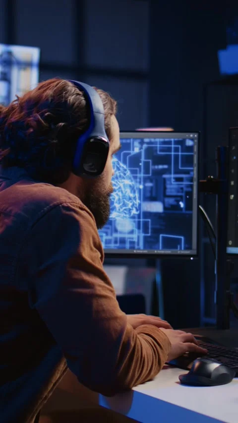 IT expert enjoying coffee and audio podcasts while writing AI code Stock Footage 264508346