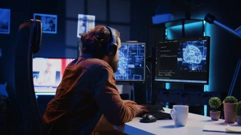 IT expert enjoying coffee and audio podcasts while writing AI code Stock Footage 265617575