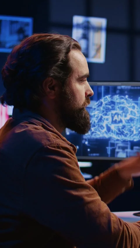 IT expert enjoying hot beverage while running AI simulations Stock Footage 264510249
