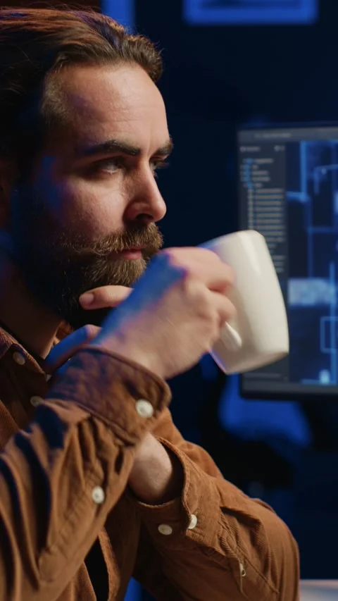 IT expert enjoying hot beverage while running AI simulations Stock Footage 264512025