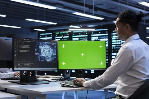 IT expert inspecting neural network data center with chroma key PC Stockfoto's