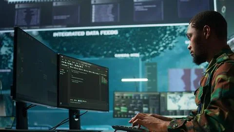 IT expert monitors AI brain intelligence system to collect real time data Stock Photos