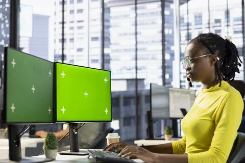 IT expert in office transforming data into predictive models using chroma key PC 写真素材