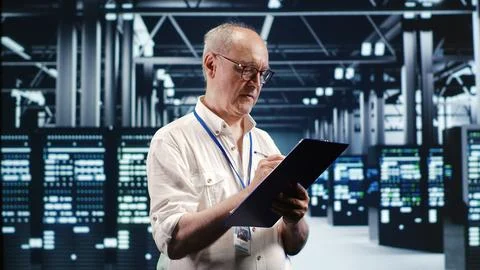 IT expert optimizing data center Stockfoto's
