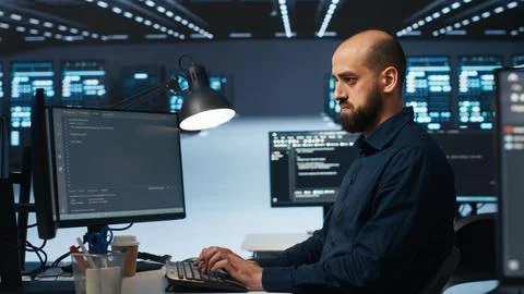 IT expert programming in data center with supercomputers Stock Photos