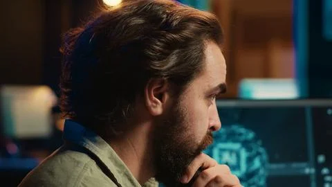 IT expert programming to upgrade AI brain, close up on face expressions Foto stock