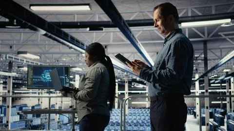 IT expert in server hub uses tablet to optimize deep learning AI systems Stock Photos