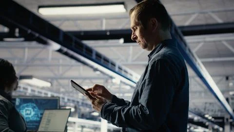 IT expert in server hub uses tablet to optimize deep learning AI systems Stock Photos