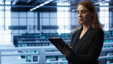 IT expert in server hub workplace monitoring supercomputers Stock Photos