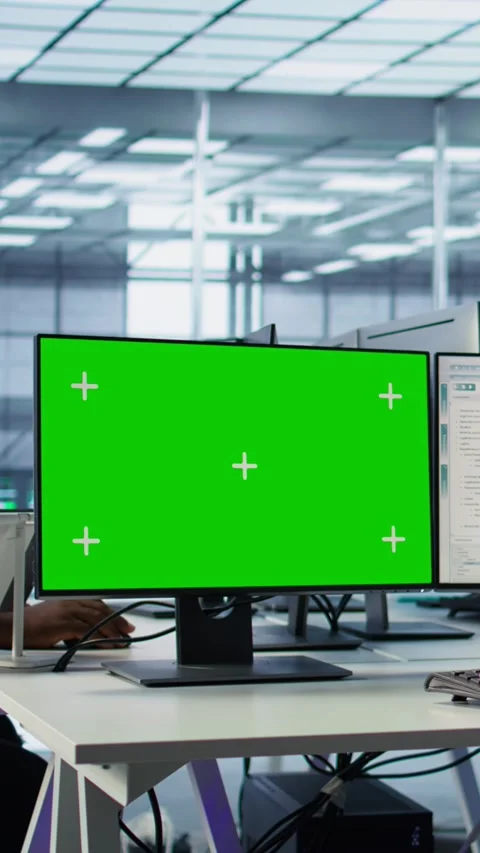 IT expert supervising data center supercomputers using mockup computer monitor Stock Footage 319520602