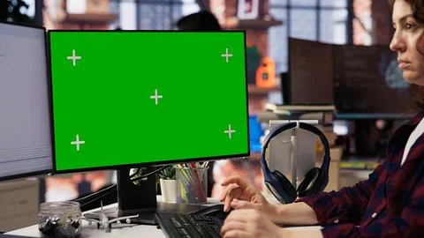 IT expert using mockup PC working with AI technology, close up Stockfoto's