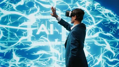 IT expert using virtual reality tech and AI systems in futuristic workspace 写真素材