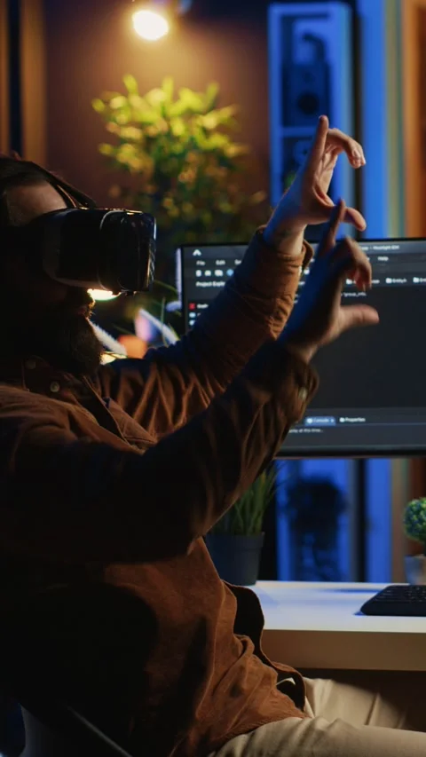 IT expert wearing high tech virtual reality headset to visualize lines of code Stock Footage 264512619
