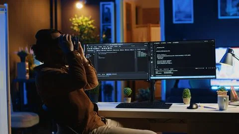 IT expert wearing high tech virtual reality headset to visualize lines of code Stockfoto's