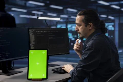 IT expert working on mockup device to prevent damages in server farm Stock Photos
