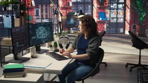 IT expert writing code and debugging on artificial intelligence neural networks Stock Footage 308671643