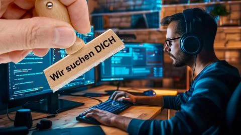 IT-Experte gesucht Ein Holzstempel ist beschriftet mit dem Aufdruck: Wir s... Fotos Stock