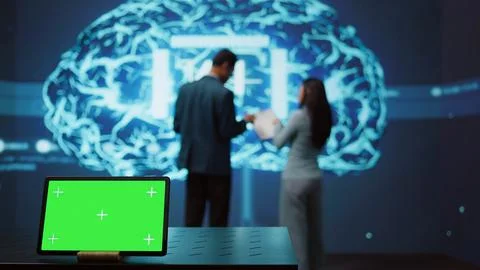 IT experts in high tech location work on chroma key notebook Stock Photos