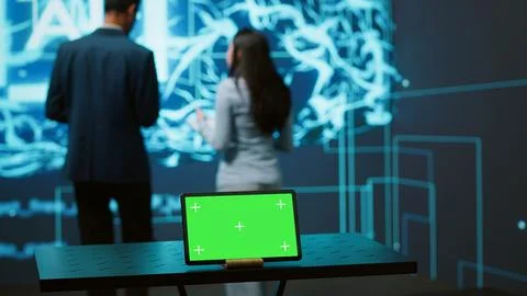 IT experts in high tech location work on chroma key notebook 스톡 사진