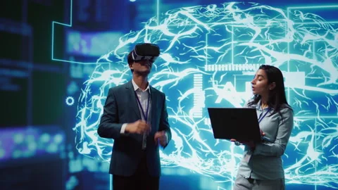IT experts using artificial intelligence and virtual reality tech Stock Footage 278626954