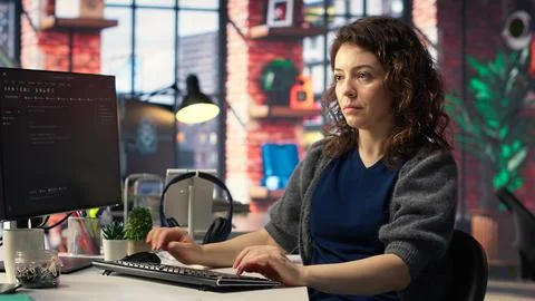 IT female technician uses coding language on computer at the agency Stock Photos