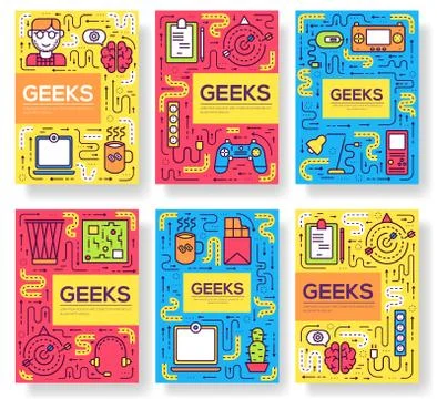 It geeks vector brochure cards thin line set. office professional developer 스톡 일러스트