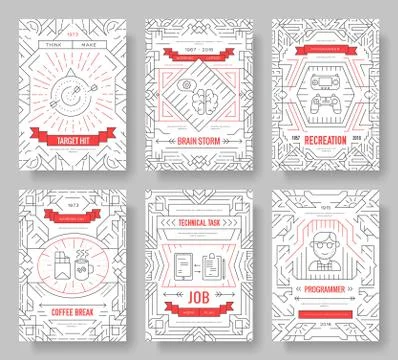 It geeks vector brochure cards thin line set. office professional developer Stock Illustration