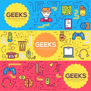 It geeks vector brochure cards thin line set. office professional developer 스톡 일러스트