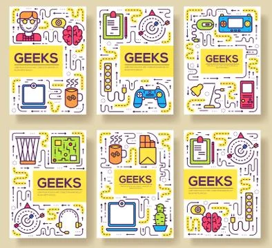 It geeks vector brochure cards thin line set. office professional developer 스톡 일러스트