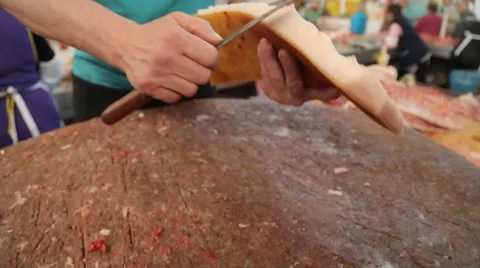 It gives try a slice of bacon on the buyer market. Big knife male hands Stock Footage 64556637