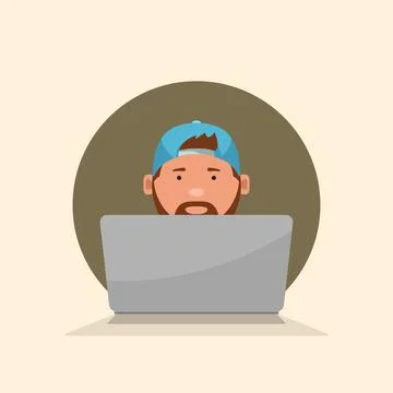 It guy sitting with laptop front view Stock Illustration