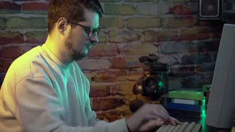 IT Guy Working on Computer From 1990's, Typing on Keyboard and Looking at 스톡 동영상 301540934