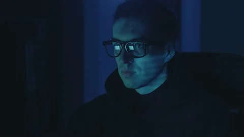 IT hacker programmer developer in eyeglasses working computer, cyber attack on Stock Footage 146952403