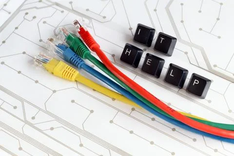 IT help, assistance, network cables circuit board background Stock-Fotos