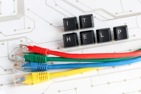 IT help desk assistance network cables circuit board background Fotos Stock