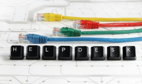 IT help desk, assistance, network cables circuit board background Stock Photos
