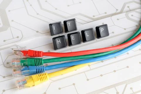 IT help desk assistance network cables circuit board background Stock Photos