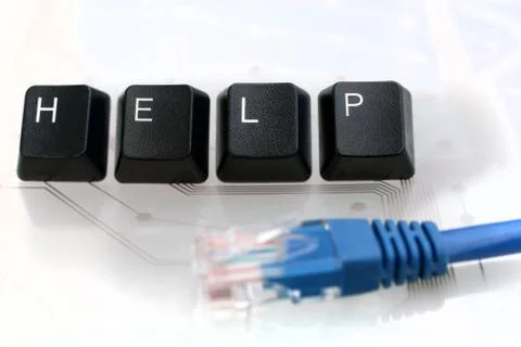 IT HELP Four Keyboard Keys with Network Cable on White Glass Stock Photos