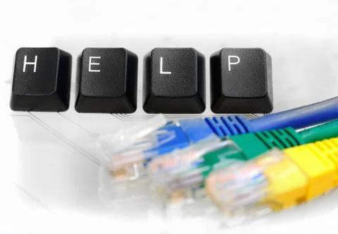 IT HELP Four Keyboard Keys with Network Cable on White Glass Foto stock