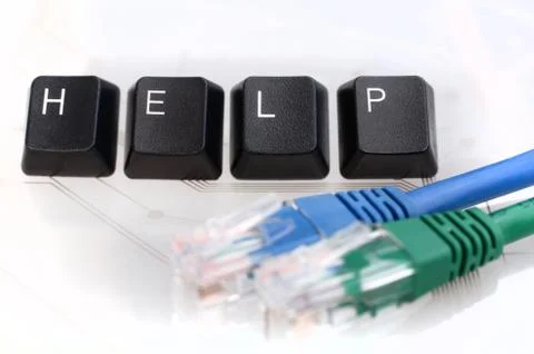 IT HELP Four Keyboard Keys with Network Cables on White Glass Stock Photos