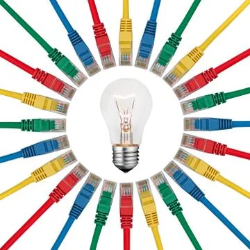 IT Idea - Lightbulb in centre of colored network cables Stock Photos