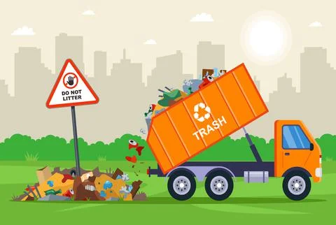 It is illegal to throw city waste into the field. dump truck unloads waste. Illustrazione stock